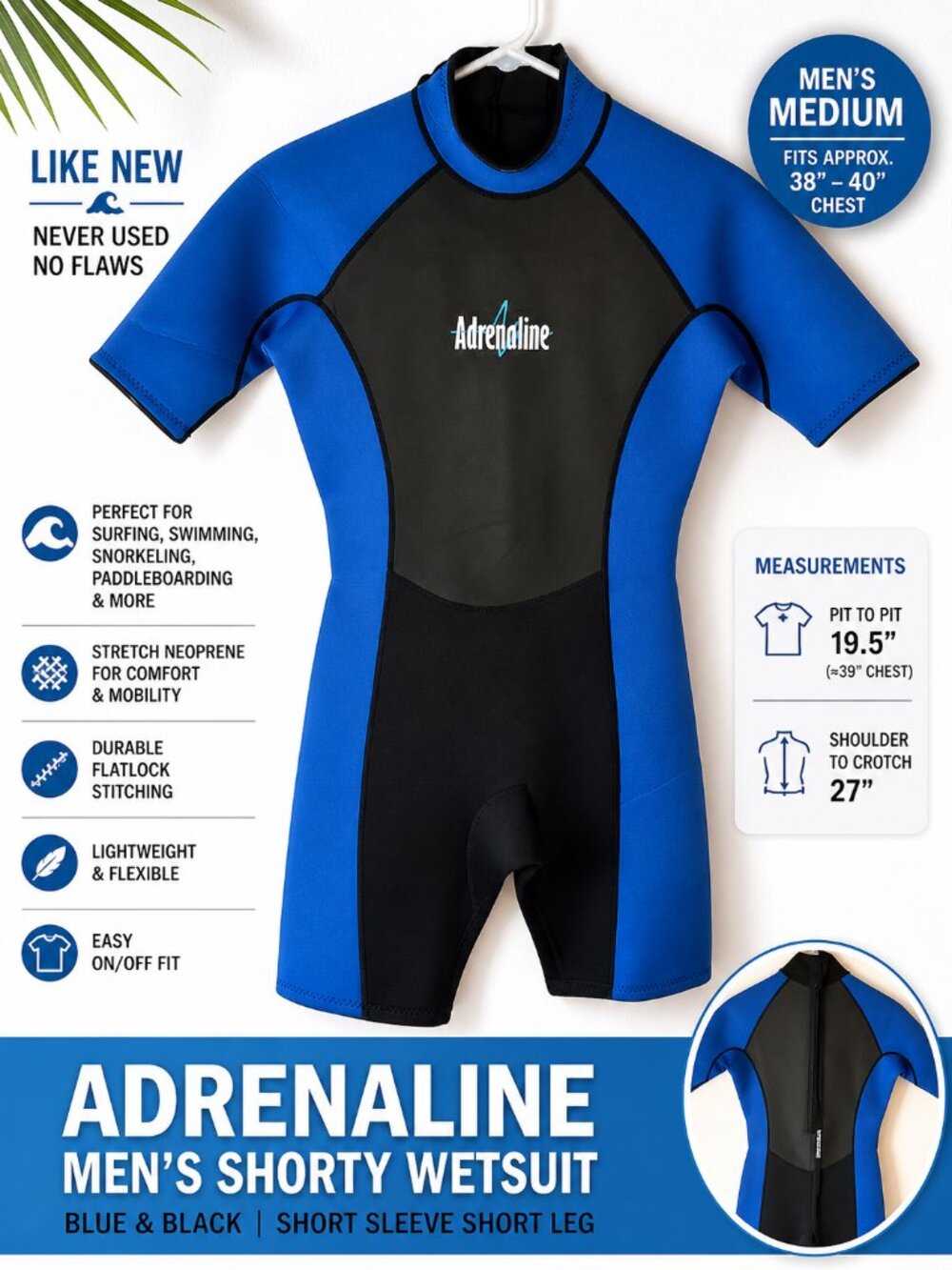 Adrenaline Shorty Wetsuit Mens Medium Blue Black Like New Surf Swim